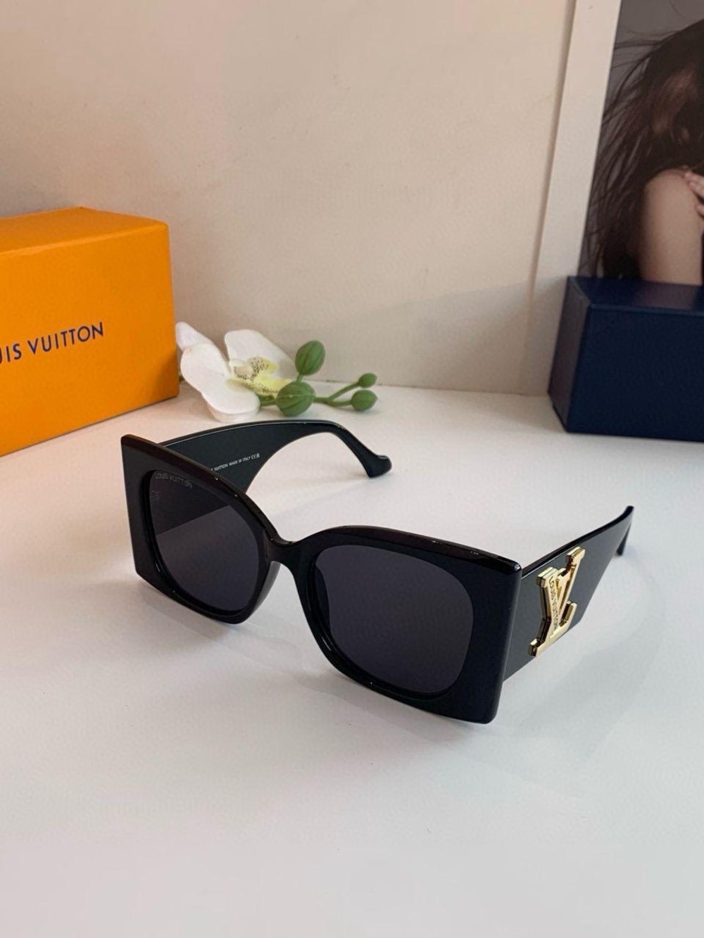 Louis Vuitton Black Square Sunglasses with Gold LV Accent